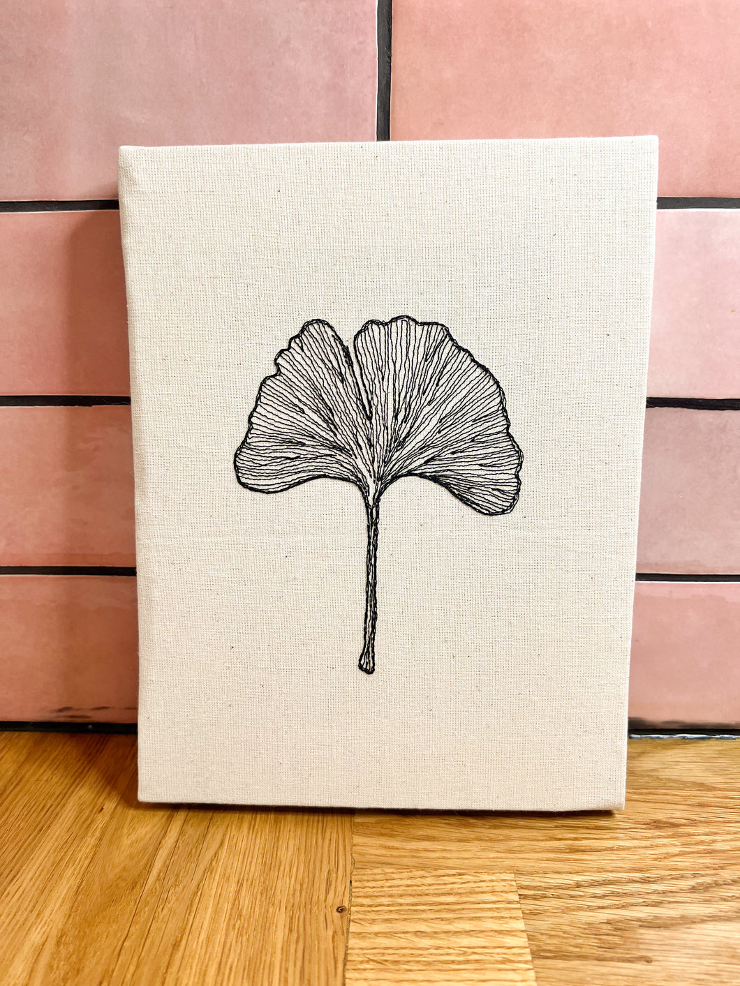 Gingko leaf embroidery artwork, botanical illustration style