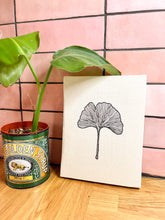 Load image into Gallery viewer, Canvas style artwork of a botanical gingko leaf drawing in thread
