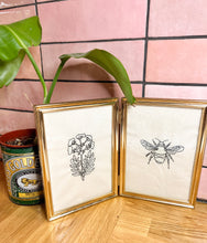 Load image into Gallery viewer, A vintage dual frame depicting wildflowers and a bee in traditional botanical illustration style
