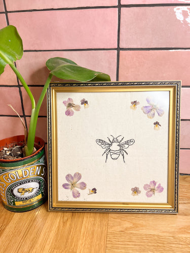 Bee machine embroidery in vintage gold frame